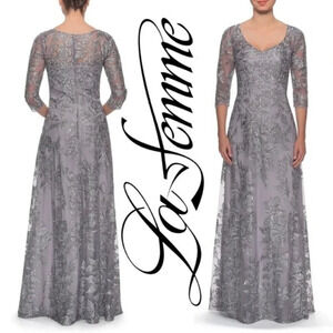 NEW, La Femme, Floral Embroidered Mesh A-Line Gown‎